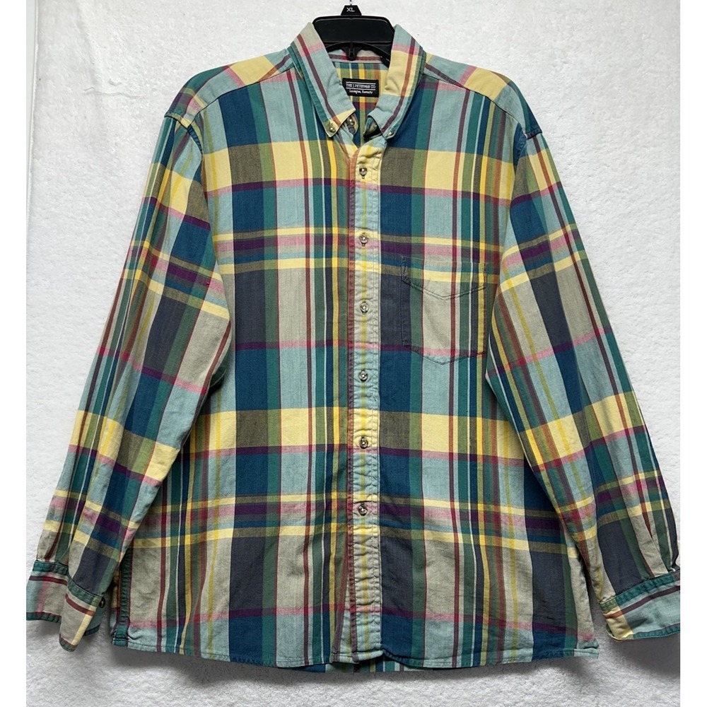 J. Peterman Mens Size L Beige Green Long Sleeve Button Down Shirt (M8)